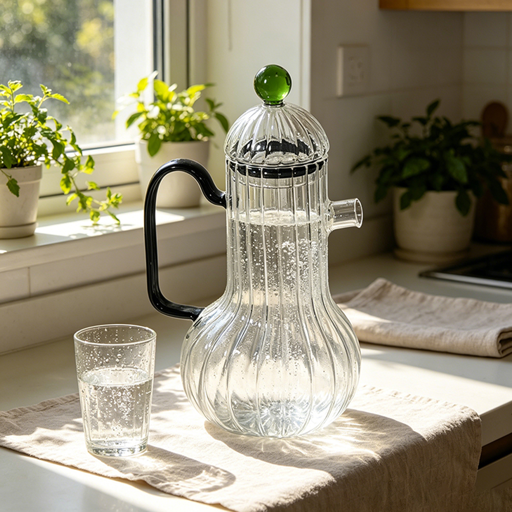 Gerippter Krug aus Borosilikatglas mit seitlichem Ausguss und Kugelknopfdeckel