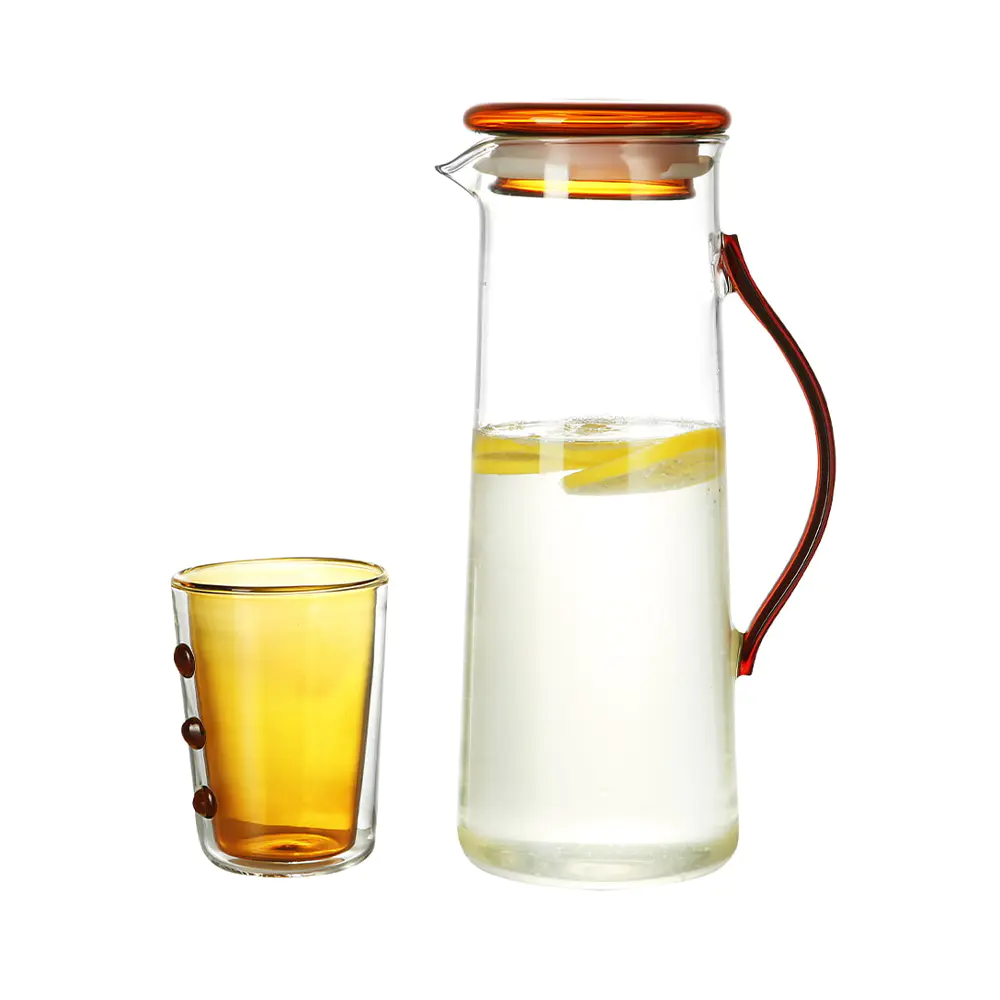 Wasserkrug-Set aus Borosilikatglas mit bernsteinfarbenem Deckel und Griff