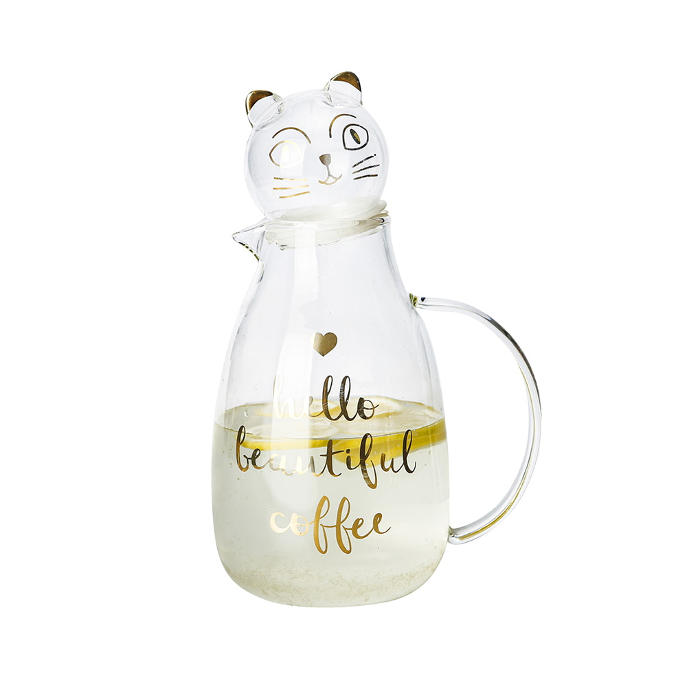 Niedlicher Wasserkrug aus Borosilikatglas mit Katzendeckel und goldenem Buchstabendruck