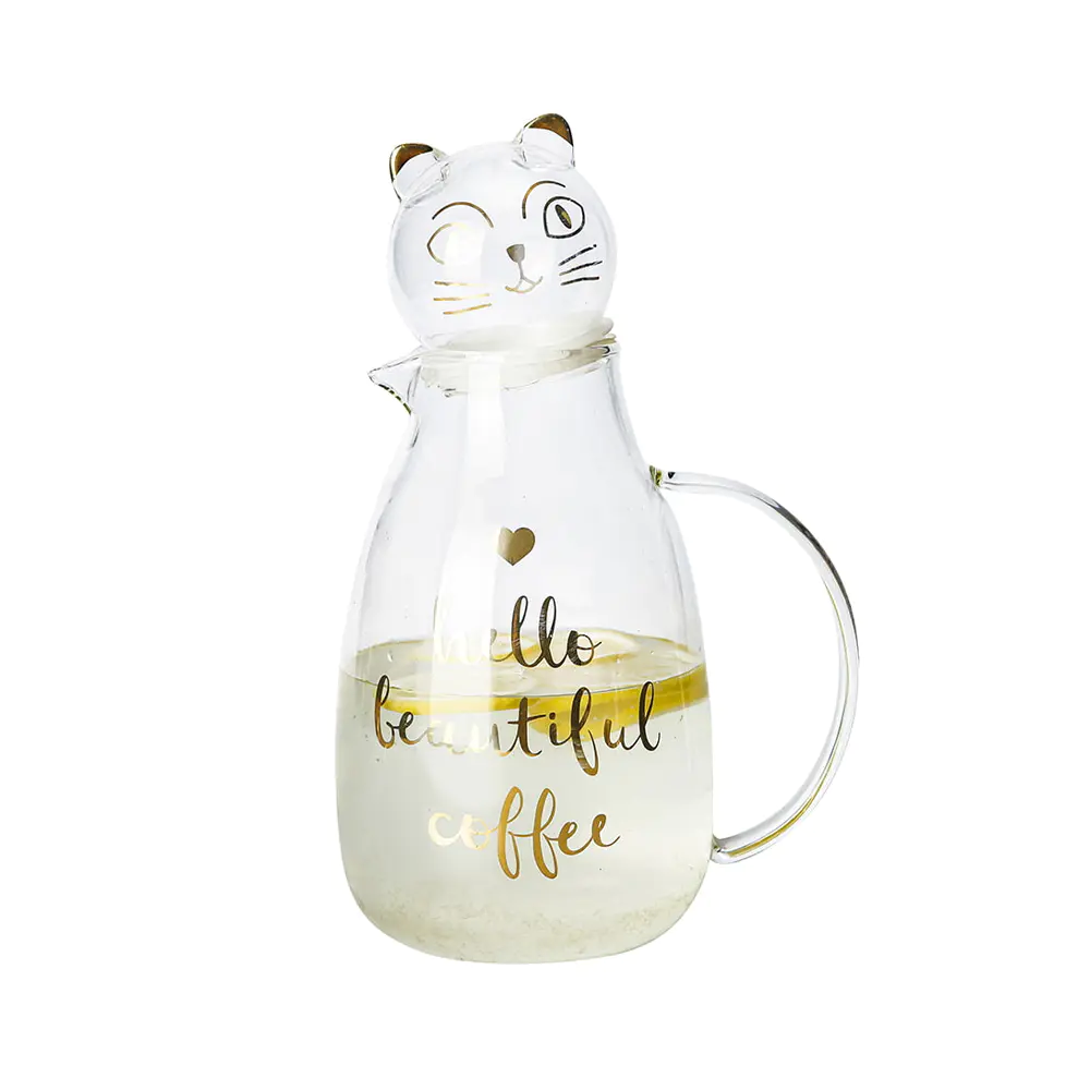 Niedlicher Wasserkrug aus Borosilikatglas mit Katzendeckel und goldenem Buchstabendruck