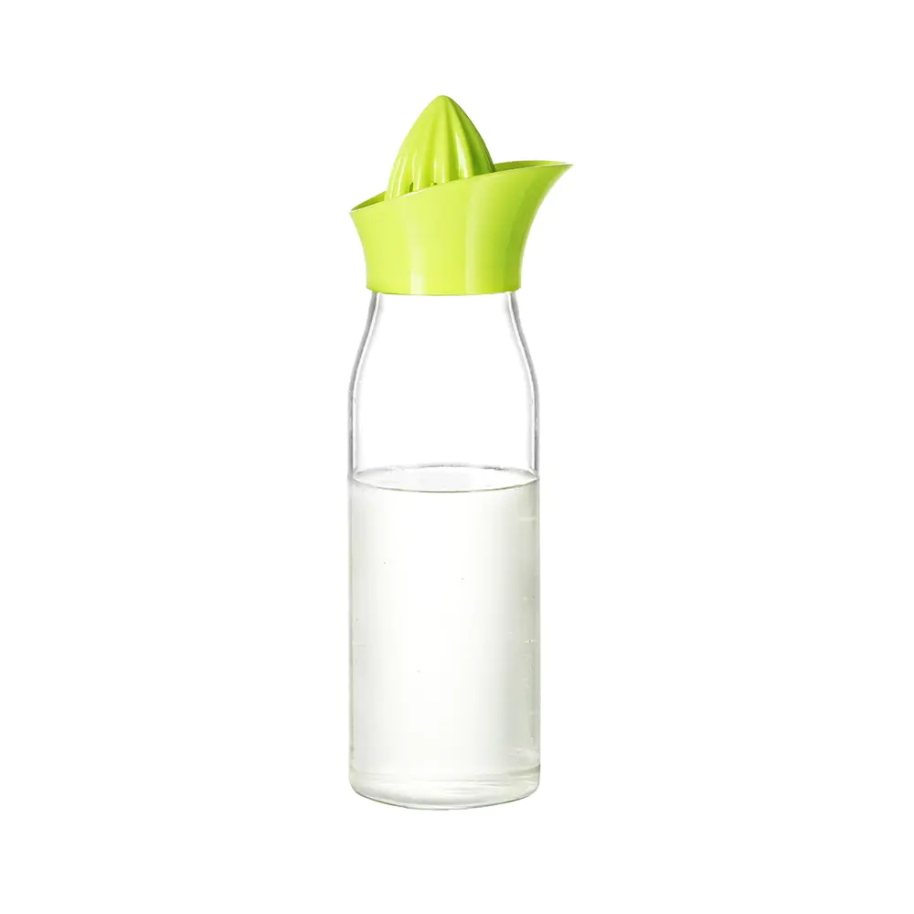 Wasserflasche aus Borosilikatglas mit Zitruspresse, grünem Deckel