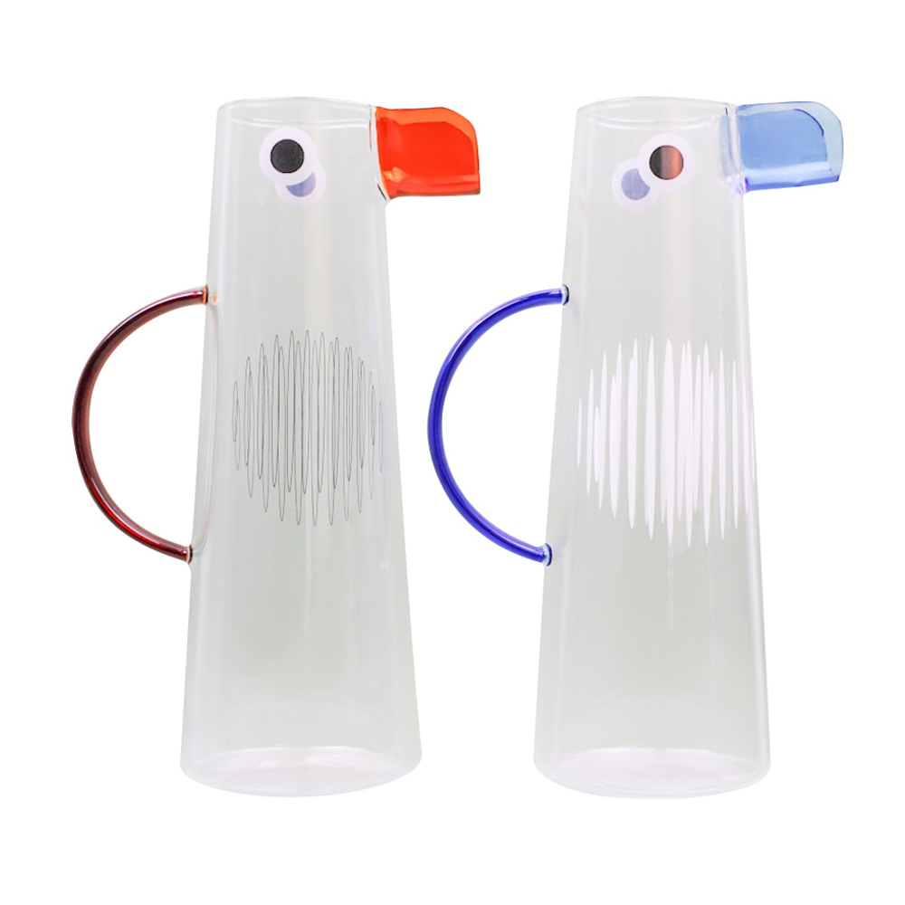 Niedlicher Wasserkrug aus Borosilikatglas in Vogelform mit farbigem Ausguss und Griff
