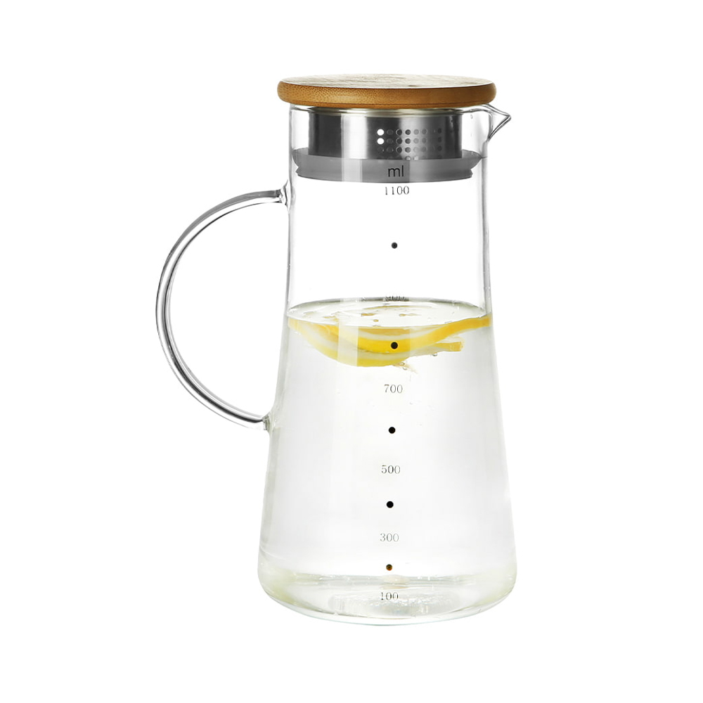 Wasserkrug aus Borosilikatglas mit Holzdeckel und Griff