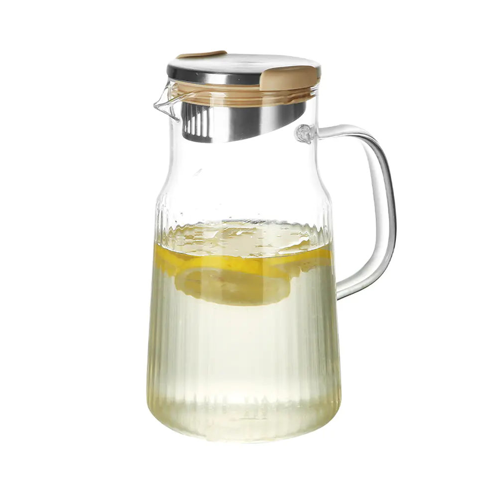 Gerippter Wasserkrug aus Borosilikatglas mit Edelstahl- und Holzdeckel