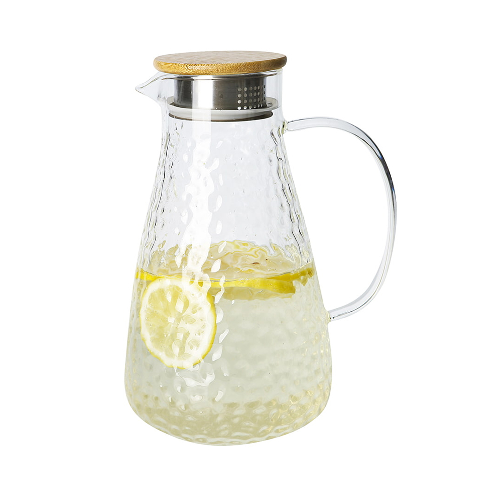 Wasserkrug aus gehämmertem Glas mit Holzdeckel und Glasgriff