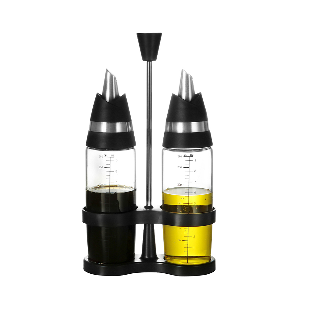 Öl- und Essigspender-Set aus Glas mit schwarzen Ausgussstopfen und Ständer