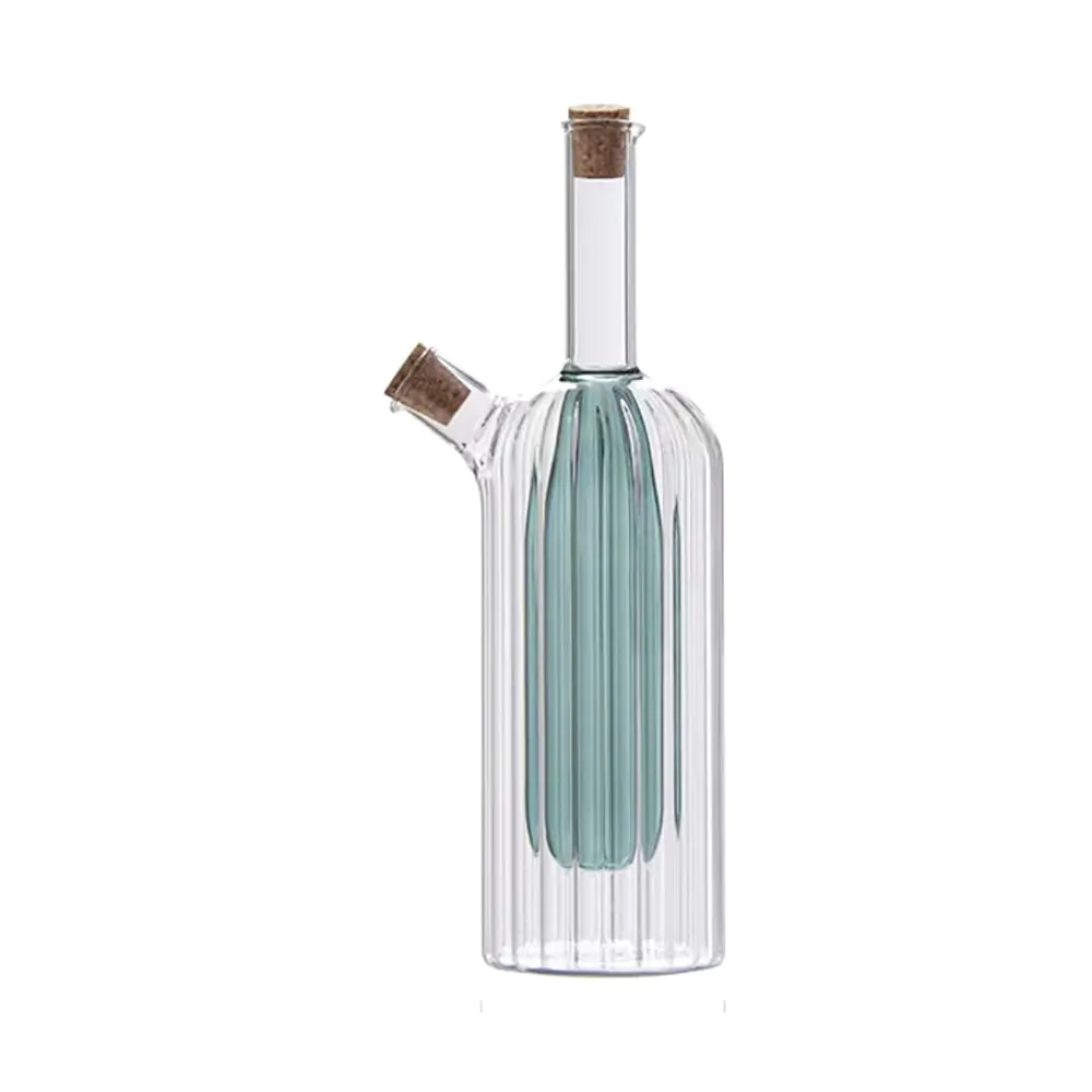Gerippte Doppelkammer-Öl- und Essigflasche aus Glas mit Korkstopfen